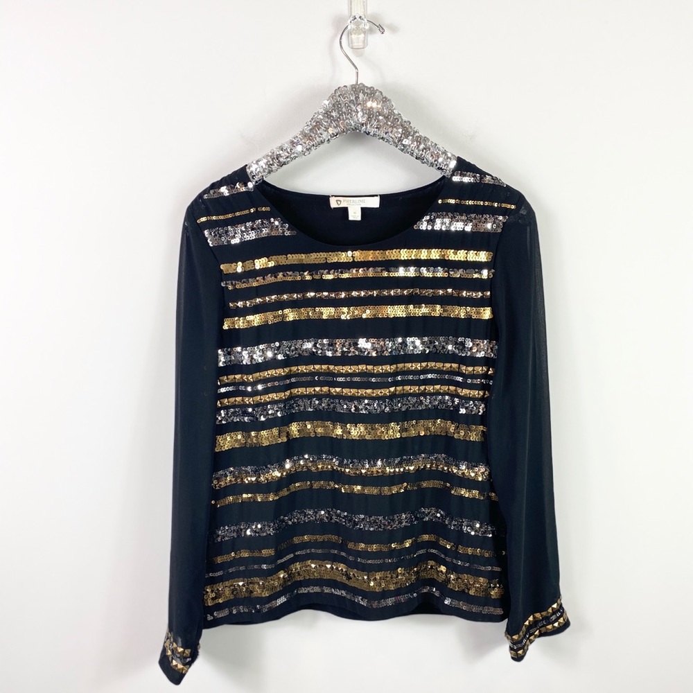 Piperlime Black Sequin Blouse Gold Silver Size M